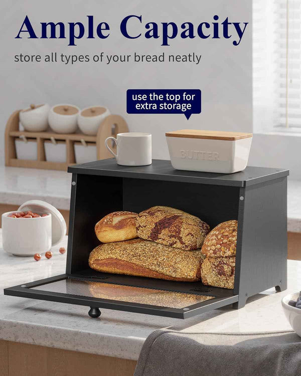 Kitsure Wooden Bread Box with Window, Large Capacity Kitchen Organizer, Stylish Black Storage Container