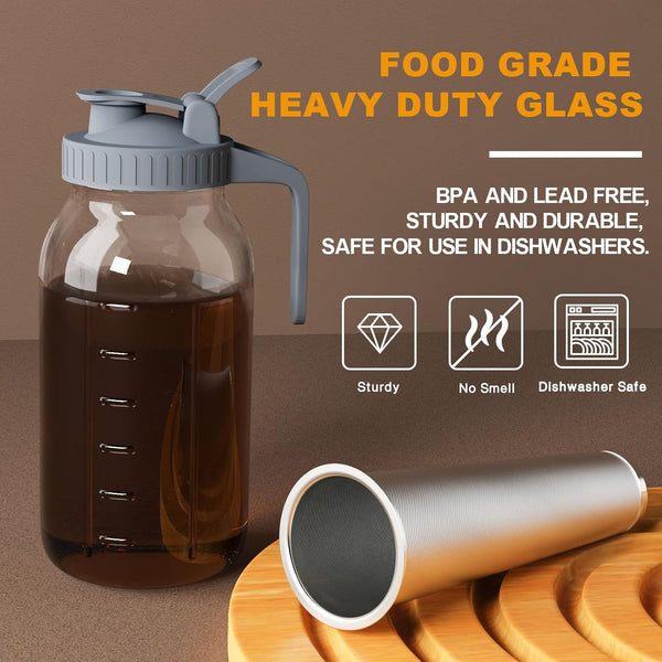 Heavy Duty Glass Mason Pitcher with Spout Lid and Stainless Steel Filter