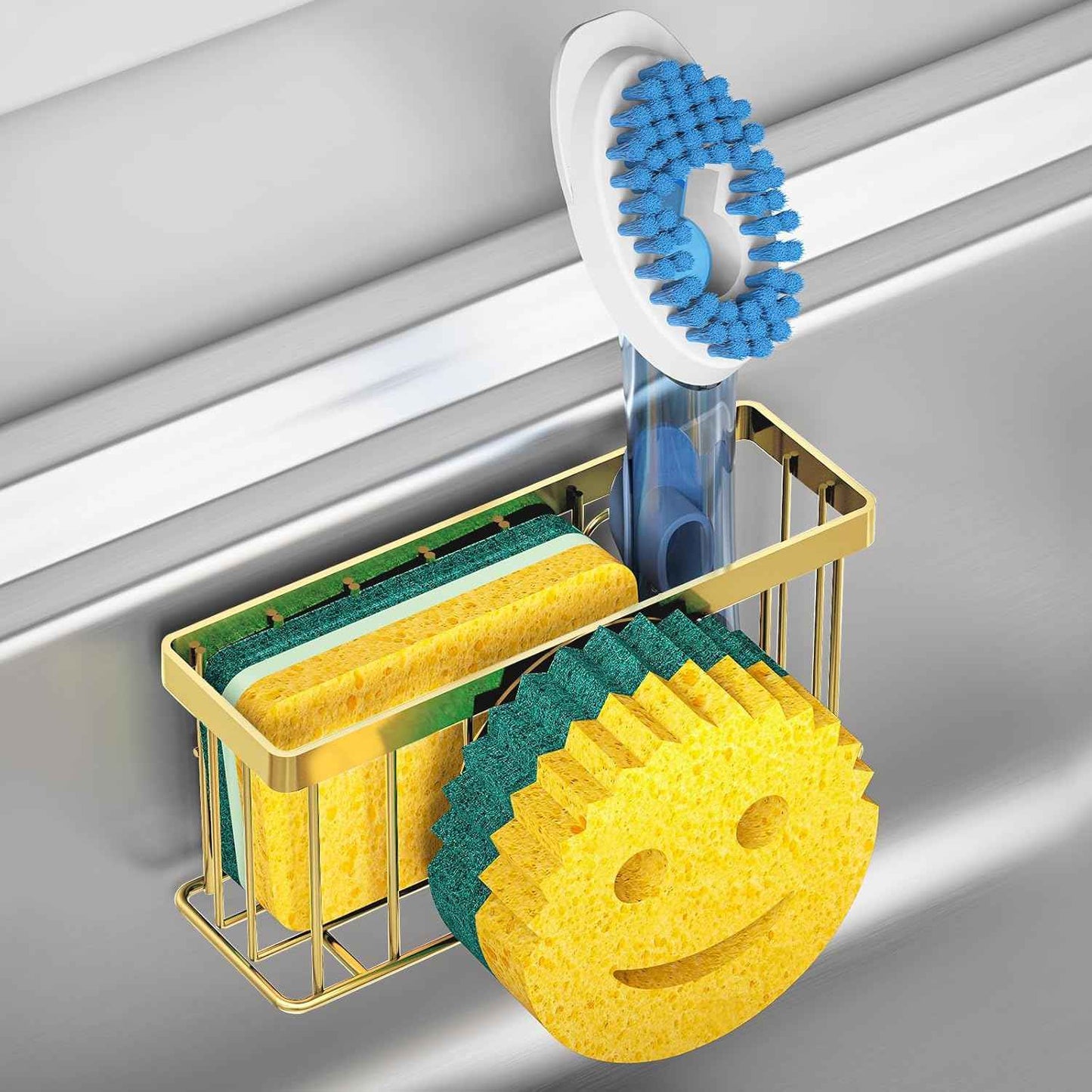 Sponge Holder Smiley Face,Sink Caddy,Sink Organizer with 2 Suction Cups/1 Adhesive Strips,Designed for Sponge,Soap,Dish Brush,Scrubber - Black