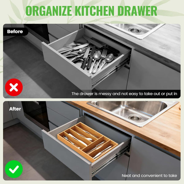 Bamboo Silverware Organizer for Kitchen and Office Use