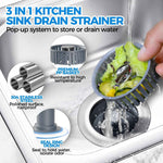 Stainless Steel 3 in 1 Kitchen Sink Drain Strainer & Stopper with Anti-Clogging Basket, fits US Standard 3-1/2'' Sink Drain Hole, Silver