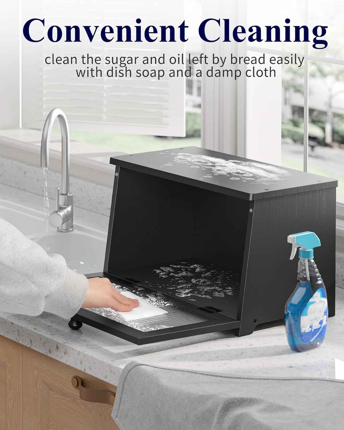 Kitsure Bread Box - Wooden Bread Box for Kitchen Countertop, Large Capacity Kitchen Countertop Organizer, Stylish Bread Storage with Window, Multi-functional Container, Black, 15.0"x8.3"x9.1" (1T)