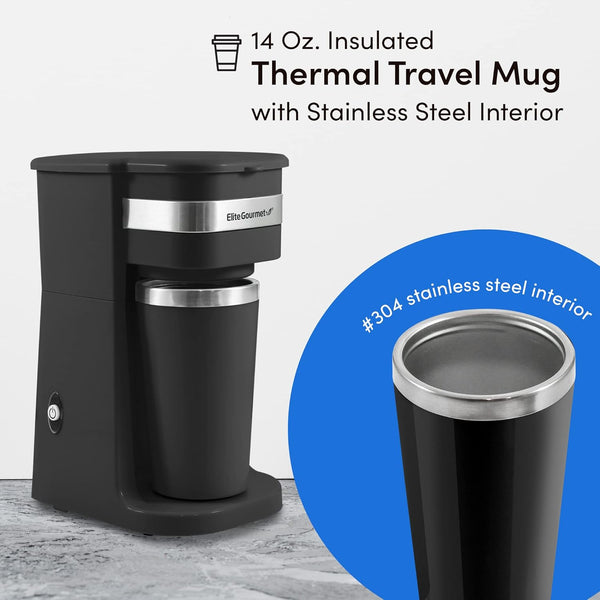 Compact single-serve coffee maker with 14Oz. thermal travel mug and reusable filter