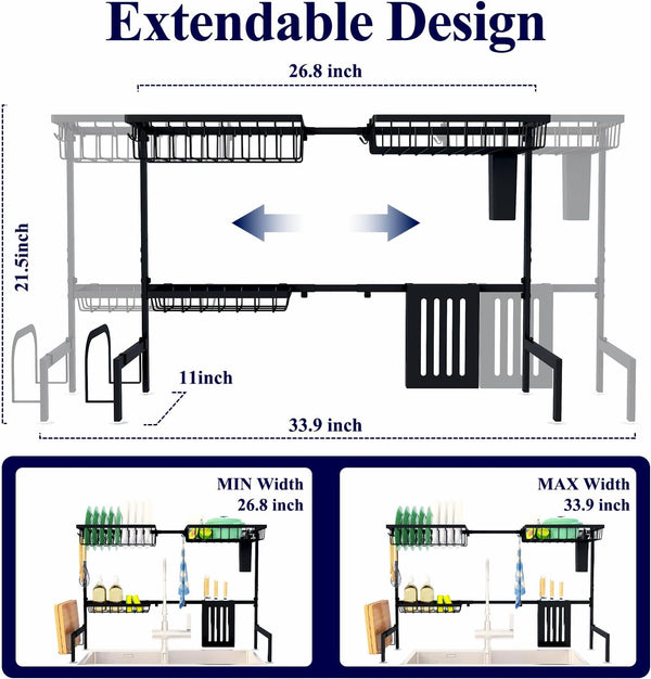 Adjustable over sink dish drying rack with large capacity and multifunctional baskets