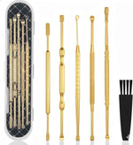 Hion 6 Pcs Extended Ear Wax Removal Kit,Professional Double-Headed Ear Pick Earwax Removal Tools,316L Stainless Steel Ear Cleaner Curette with Cleaning Brush and Storage Box,Suit for Kid Adult(Gold)