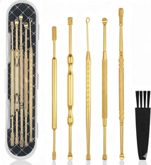 Hion 6 Pcs Extended Ear Wax Removal Kit,Professional Double-Headed Ear Pick Earwax Removal Tools,316L Stainless Steel Ear Cleaner Curette with Cleaning Brush and Storage Box,Suit for Kid Adult(Gold)
