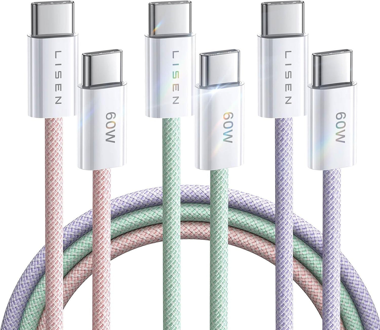 LISEN USB C to USB C Cable, 5-Pack [3.3/3.3/6.6/6.6/10FT] for iPhone 17 Charger Cord, 60W C to C Cable Fast Charging for iPad, iPhone 16 15 Pro Max, Galaxy S25/S24 USBC to USBC Cable Gifts for Men