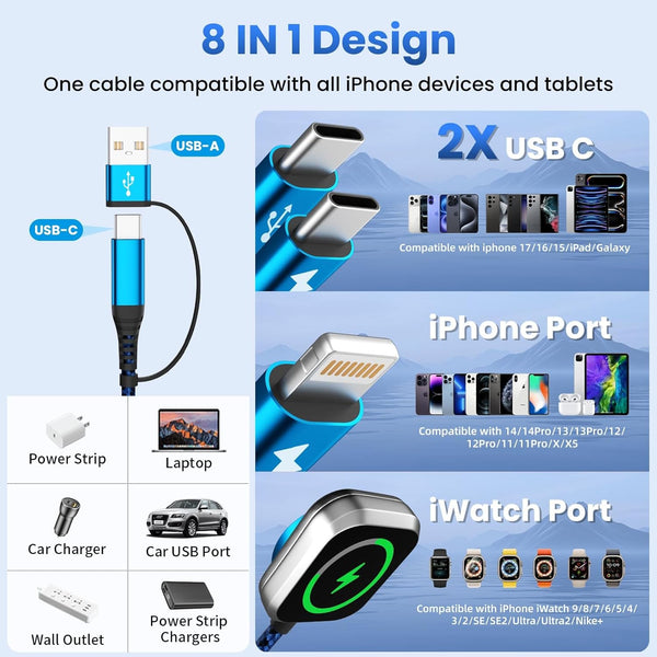 Multi Charging Cable for iPhone Watch Charger with Dual Type-C Ports