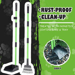 mxf pooper scooper, stainless metal tray and rake set for small dogs, heavy duty, long handle, green