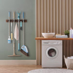 Mop and Broom Holder Wall Mount - Rustic Wood Broom Mop Hanger - Wall Mounted Garden Tool Rack Organizer for Closet Garage Laundry Room Kitchen Decor With 4 Slots & 4 Hooks - Rayz Mart