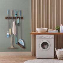 Mop and Broom Holder Wall Mount - Rustic Wood Broom Mop Hanger - Wall Mounted Garden Tool Rack Organizer for Closet Garage Laundry Room Kitchen Decor With 4 Slots & 4 Hooks - Rayz Mart