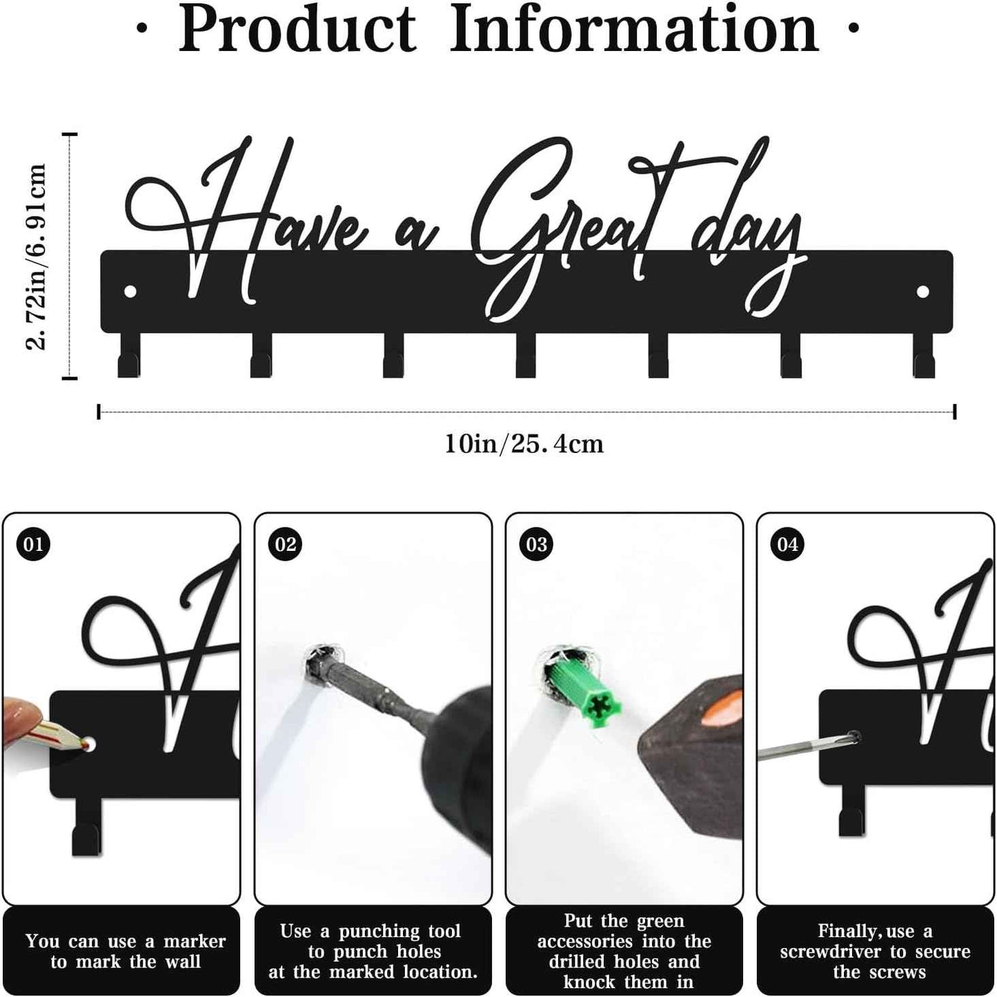 Have a Great Day Key Hooks for Wall Decoration,Delicate Fashion Black Metal Key Holder Wall Mount,Have a Great Day Key Hanger with 7 Kooks for Hallway,Office