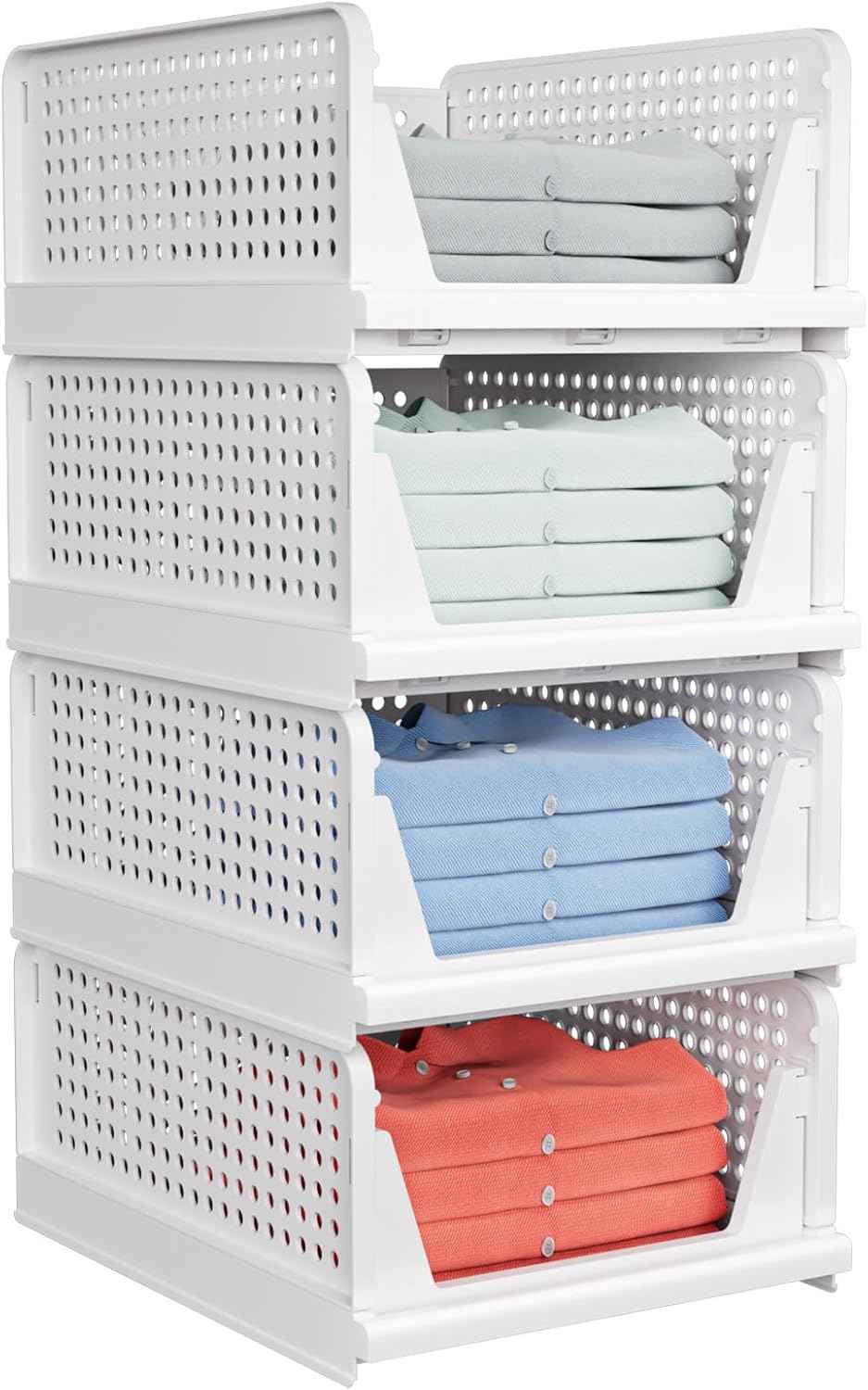 5 Pack Stackable Closet Storage Basket - Stackable Storage Bins, Multifunctional & Foldable Closet Organizer Waterproof, Wardrobe Cupboard Space-Saving Hat Storage Drawer Organizer, White