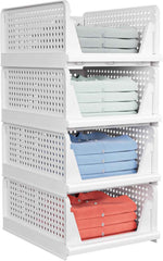 5 Pack Stackable Closet Storage Basket - Stackable Storage Bins, Multifunctional & Foldable Closet Organizer Waterproof, Wardrobe Cupboard Space-Saving Hat Storage Drawer Organizer, White