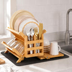 Bamboo dish drying rack with utensil holder for kitchen counter