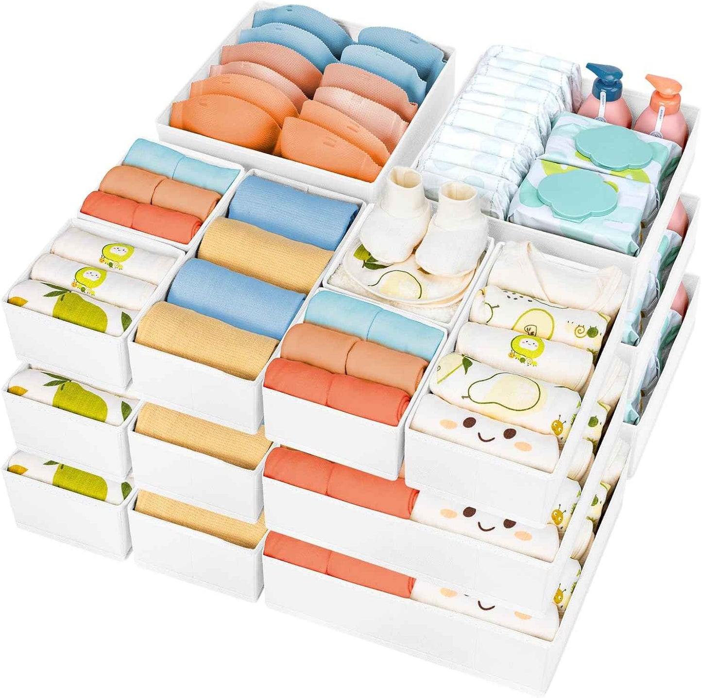 DIMJ Drawer Organizer Clothes, 12 Pack Dresser Organizer, Foldable Closet Organizers and Storage, Fabric Dresser Bins, Drawer Dividers for Nursery, Baby Clothes, Underwears, Sock (Beige)