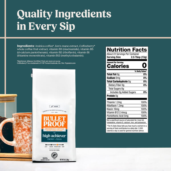 High Achiever Mushroom Coffee Grounds with Lion's Mane, B Vitamins & Adaptogens