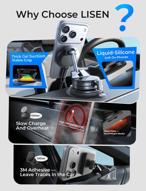 LISEN for 15W Magsafe Car Mount Charger, Magnetic Phone Holders for Your Car, Magnetic Wireless Car Charger, Suction Phone Mount for Car Accessories for iPhone 17 Pro Max 16 15 14 13 12, Gifts for Men
