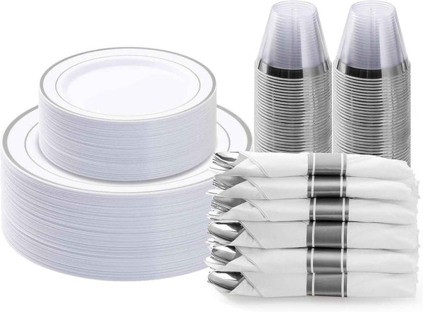 BESTVIP 700PCS Gold Plastic Dinnerware Set for 100 Guests, Disposable Plates for Party, Include: 200 Plastic Plates, 100 Pre Rolled Napkins with Gold Silverware, 100 Cups for Christmas, Halloween