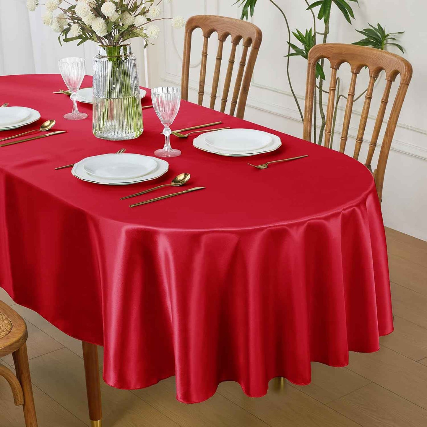 White Satin Oval Tablecloth 60 x 84 Inch Washable for Indoor/Outdoor Use, Wrinkle Resistant Stain Fabric Table Cover for Farmhouse, Dining, Kitchen, Wedding, Banquet, Party