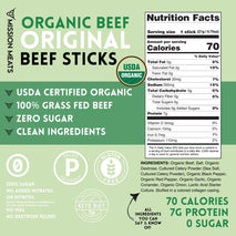 Organic Beef Sticks - Grass Fed, Zero Sugar, Non-GMO, Individually Wrapped Meat Snacks