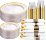 WELLIFE 700 Pieces Gold Plastic Dinnerware Set for 100 Guests - Includes Plates, Cups, Napkins, and Disposable Cutlery - Elegant White & Gold Design, Perfect for Parties and Events