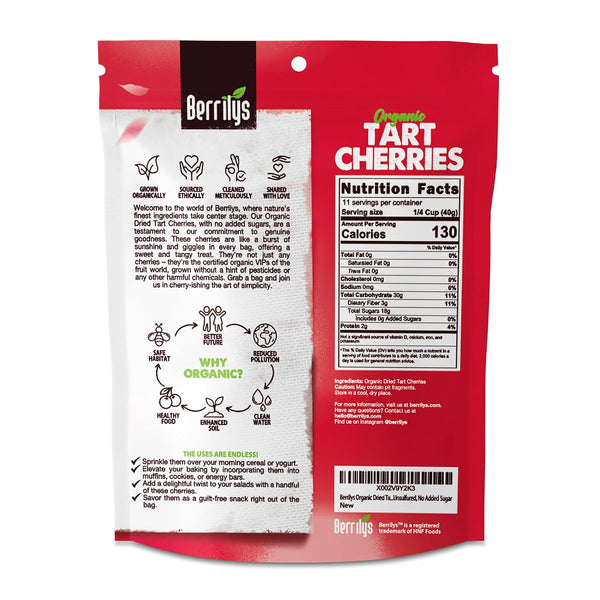 Berrilys Organic Dried Tart Cherries, 1 lb, Pitted, Non-GMO, Kosher, Unsulfured, No Added Sugar
