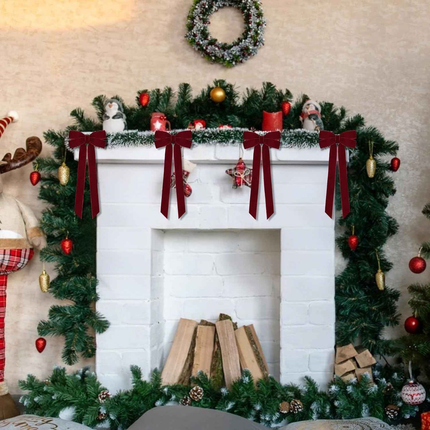 12Pcs Burgundy Velvet Ribbon Bows Christmas Tree Decorations,5in x 10in Xmas Ornaments for Tree Home Party Front Door Wreath Garland Holiday Decor