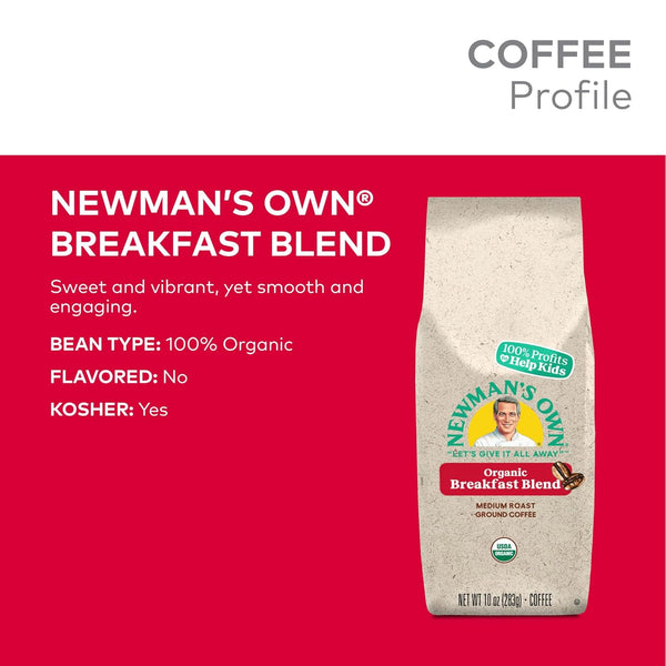 Newman's Own Organics Breakfast Blend, Ground Coffee, Fair Trade, Medium Roast, 10oz Bag, USDA Organic