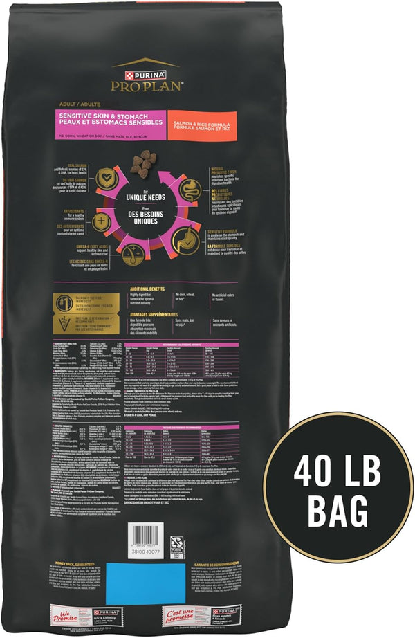 Purina Pro Plan adult salmon and rice dog food for sensitive skin and stomach, 40 lb bag