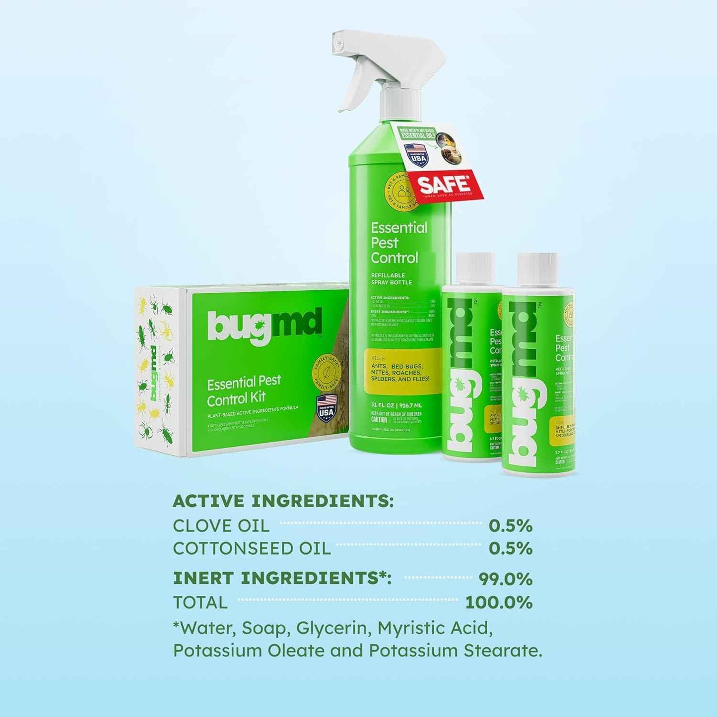 BugMD Ant Killer & Bug Spray - Roach and Cockroach Killer Indoor, Spider Spray for Home, Fly and Insect Defense, Natural, Safe with Essential Oils, Plant-Powered, Pest Control - Starter Kit