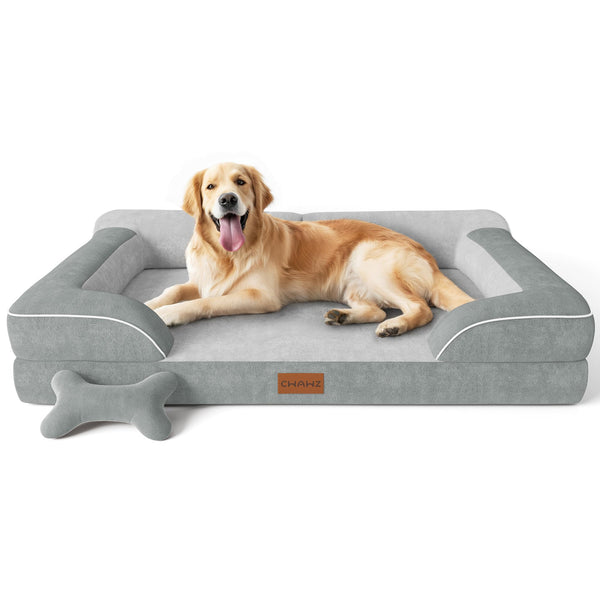 light gray, large, orthopedic, waterproof, XL dog bed with cooling gel foam and removable cover