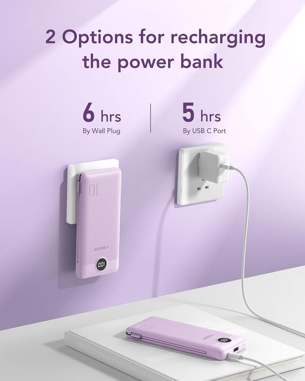 VEGER Portable Charger Power Bank with Built-in AC Plug and Cables, All in One 10000mAh Ultra Slim Travel Essentials, Fast Charging Battery Pack Compatible with iPhone, Samsung, Android, Purple