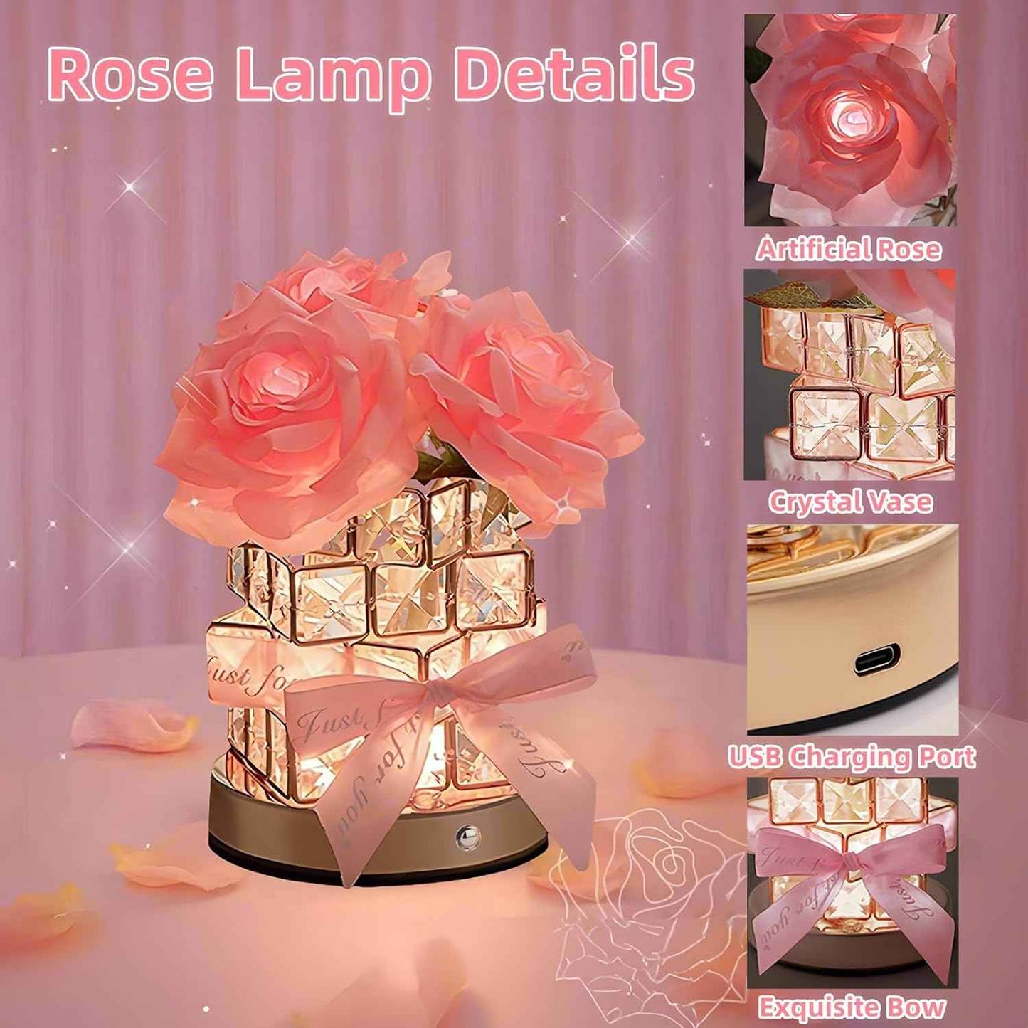 Rose Flower Lamp,Rechargeable Cordless Touch Table Lamp for Bedroom,3-Colour Dimming Small Night Light,Crystal Bedside Lamps with USB Charge,Birthday Valentine's Day Gifts for Women,Mom,Wife,Her