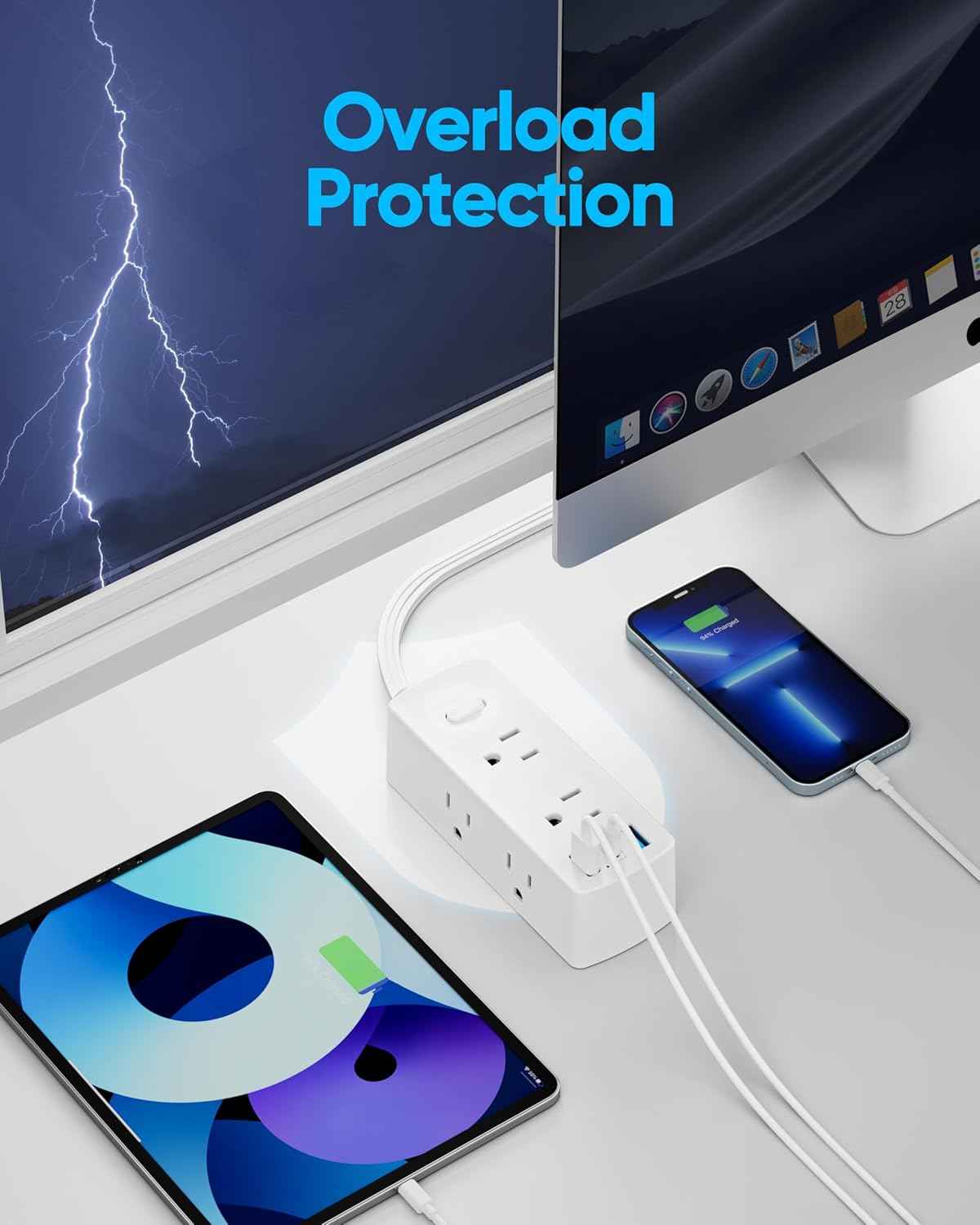Power Strip Surge Protector, Olcorife Ultra Thin Flat Plug Extension Cord 5ft, 6 Outlets 3 USB Ports(1 USB C), 3 Sided Outlet Extender for Home Office Travel Dorm Room Essentials, White