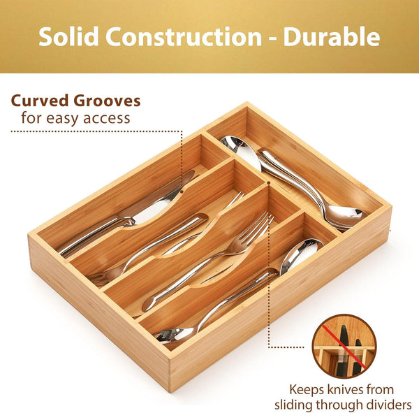 Bamboo kitchen drawer organizer for small drawers, 9 inch silverware tray holder