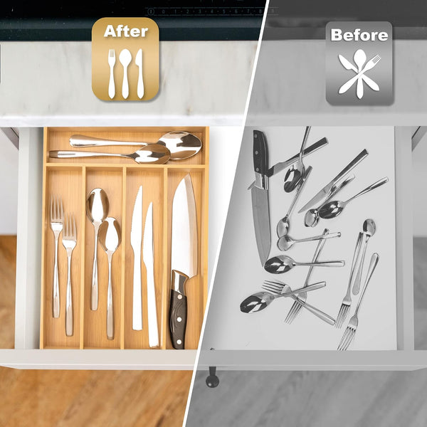 Bamboo Silverware Organizer for Kitchen Drawer with 5 Slots