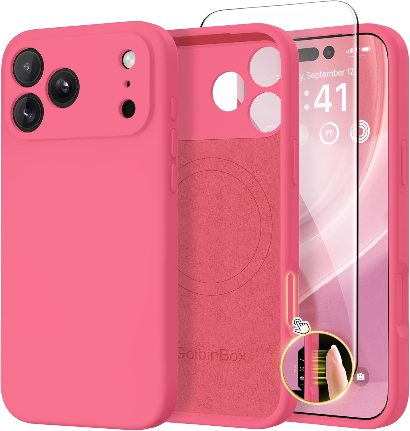 GolbinBox Magnetic for iPhone 17 Pro Max Case, Compatible with MagSafe, [Full Camera Protection] [Screen Protector], Silicone Shockproof Phone Cover with Anti-Scratch Microfiber Lining, Chalk Pink
