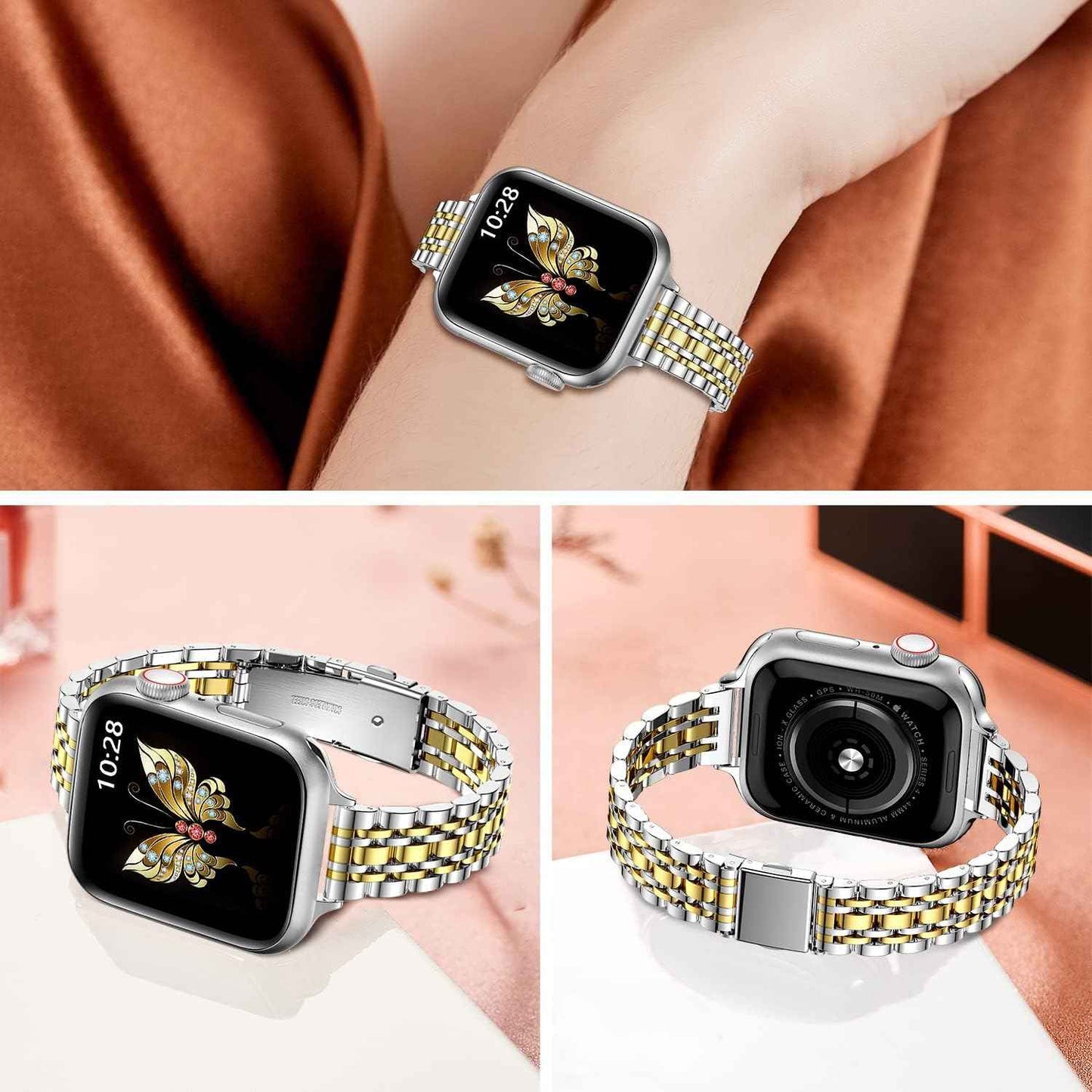 MioHHR silver/gold stainless steel Apple watch band compatible with 42mm, 41mm, 40mm, 38mm