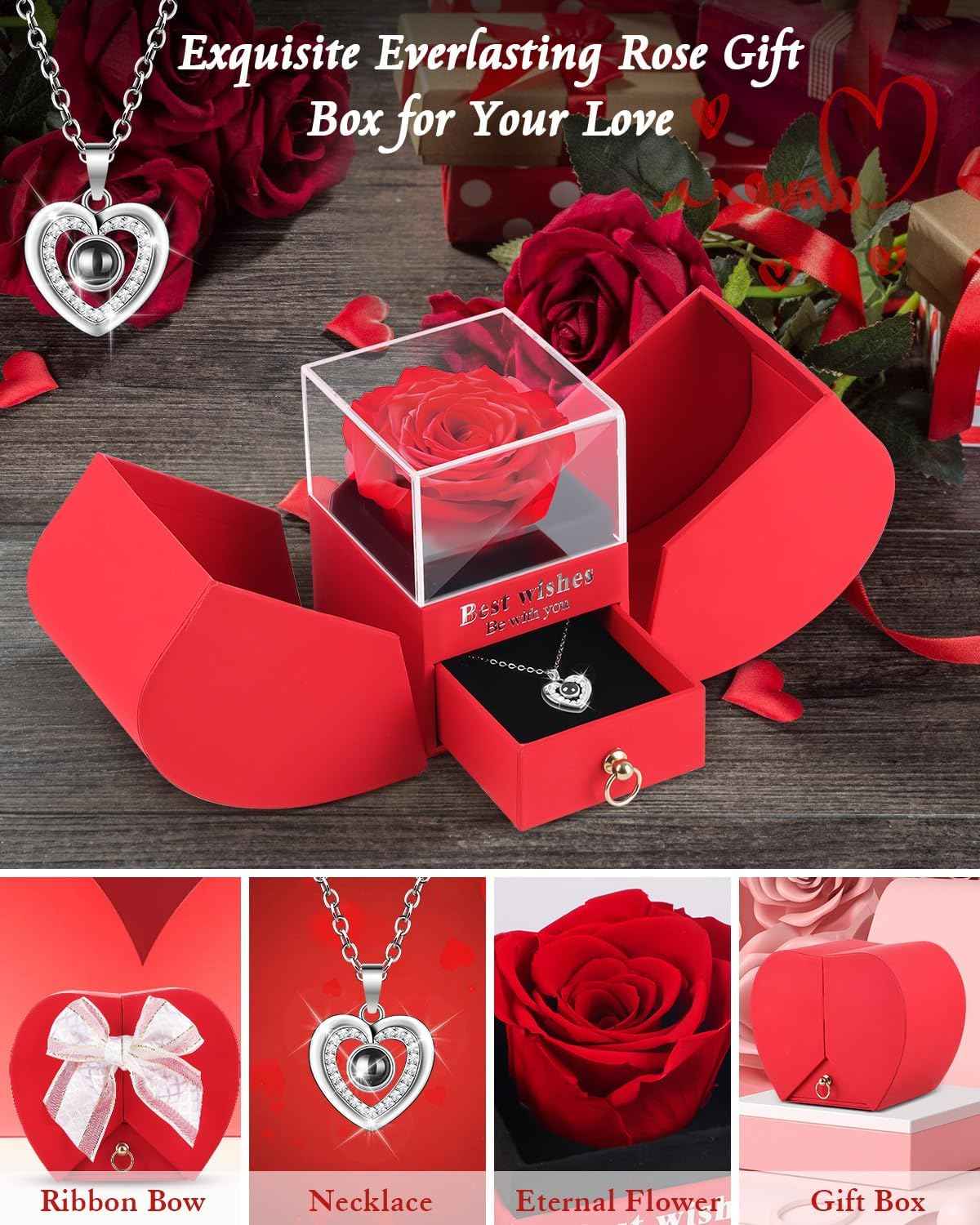 Preserved Red Forever Rose Heart Necklace Gift Box, Eternal Flowers "I Love You" Projection Jewelry for Women, Romantic Christmas Valentines Day Anniversary Birthday Gift for Her(Wife Girlfriend Mom)