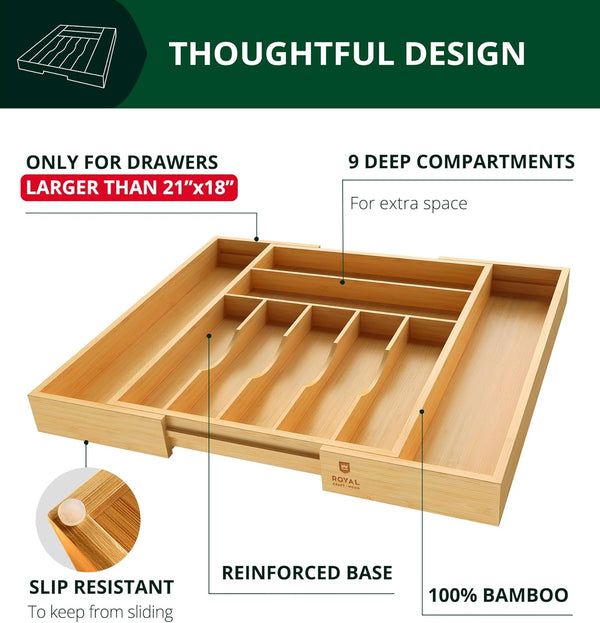 Luxury Bamboo Kitchen Drawer Organizer with Adjustable Storage