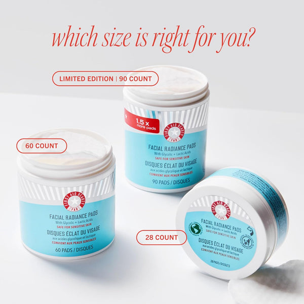 First Aid Beauty facial radiance pads with glycolic lactic acids daily exfoliating pads for sensitive skin compostable one-step makeup prep 28 count