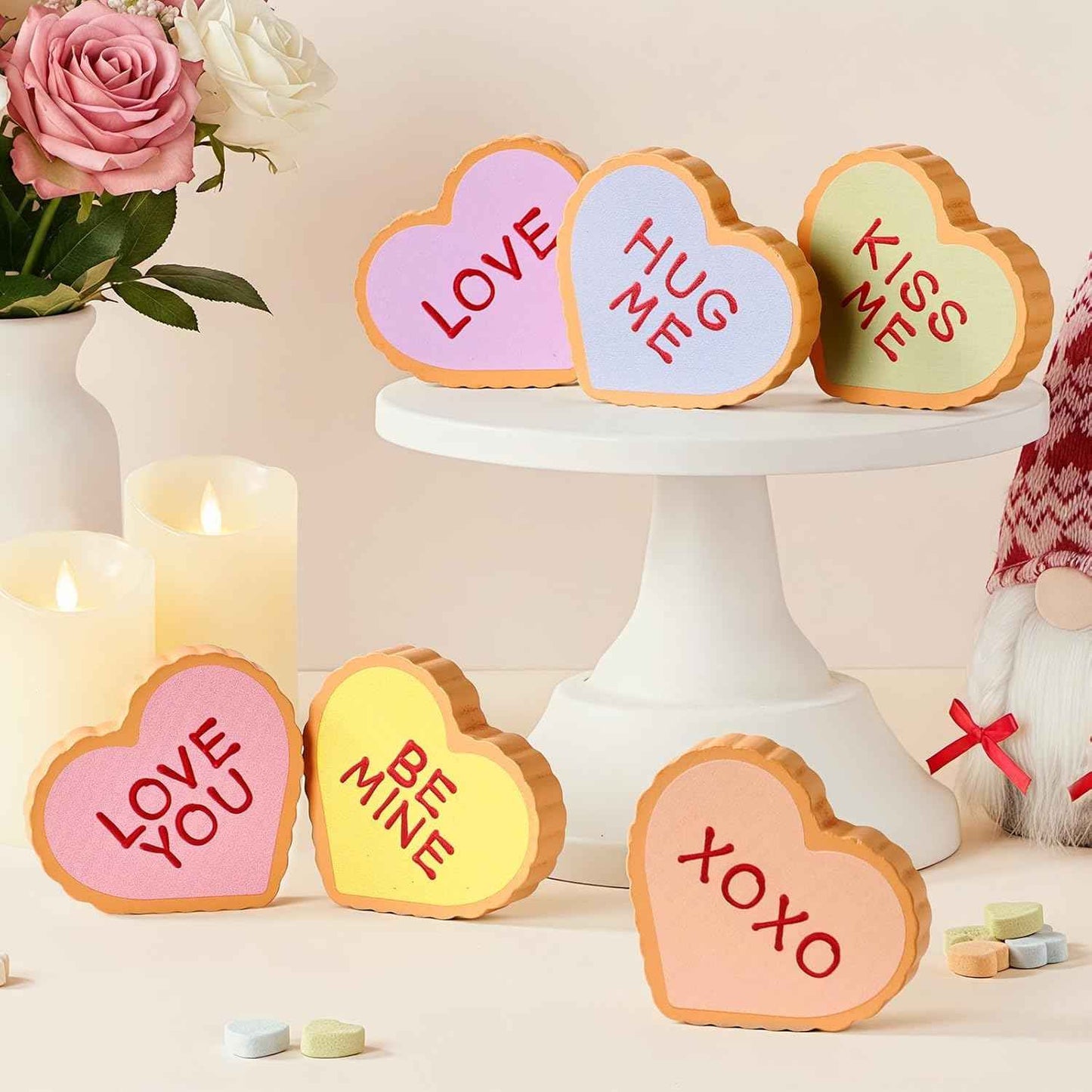 Valentines Day Decorations, 6 Pcs Candy Conversation Hearts Wooden Table Decor Signs, Durable Tiered Tray Decoration Set, Classic Galentines Day Decorations for the Home Office Mantel Shelf Gift