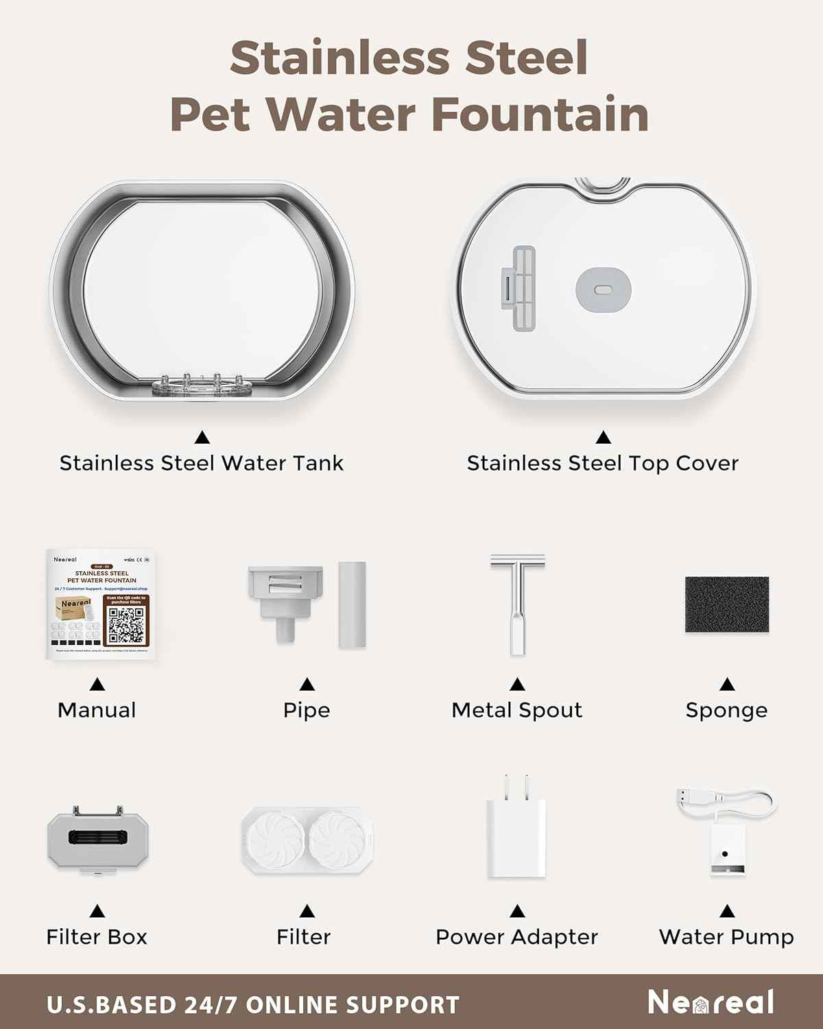 Cat Water Fountain Stainless Steel - Pet Drinking Fountain for Cats Indoor - 2.2L/74oz Automatic Water Dispenser with Watering Level Window (1 Filter)