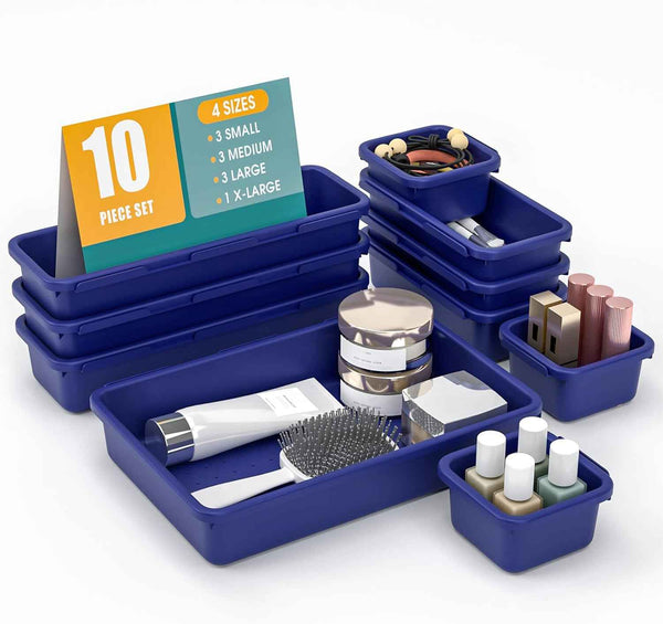 10 PCS Drawer Organizer Set, 4 Size Makeup Drawer Divider Organizer With Non-Slip Pads, Interlocking Plastic Storage Bins for Office,Jewelry Vanity,Gadgets, Bathroom,Kitchen, Black