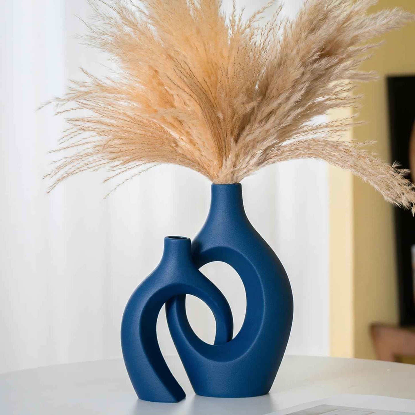 Snuggle Hollow Ceramic Vase Set of 2, Nordic Modern Boho ins Style Decorative Ceramic Aesthetic Flower Vase for Home Decor (Milky White W 6.3" X H 8.4")