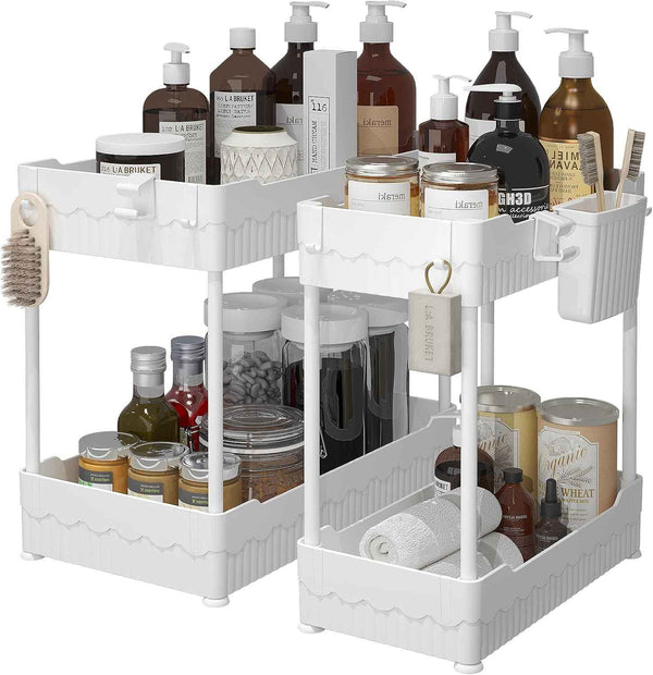 2 Pack Under Sink Organizer, Under Bathroom Cabinet Organizer with Hooks Hanging Cup, Multi-Purpose Storage Shelf for Kitchen Bathroom, Black