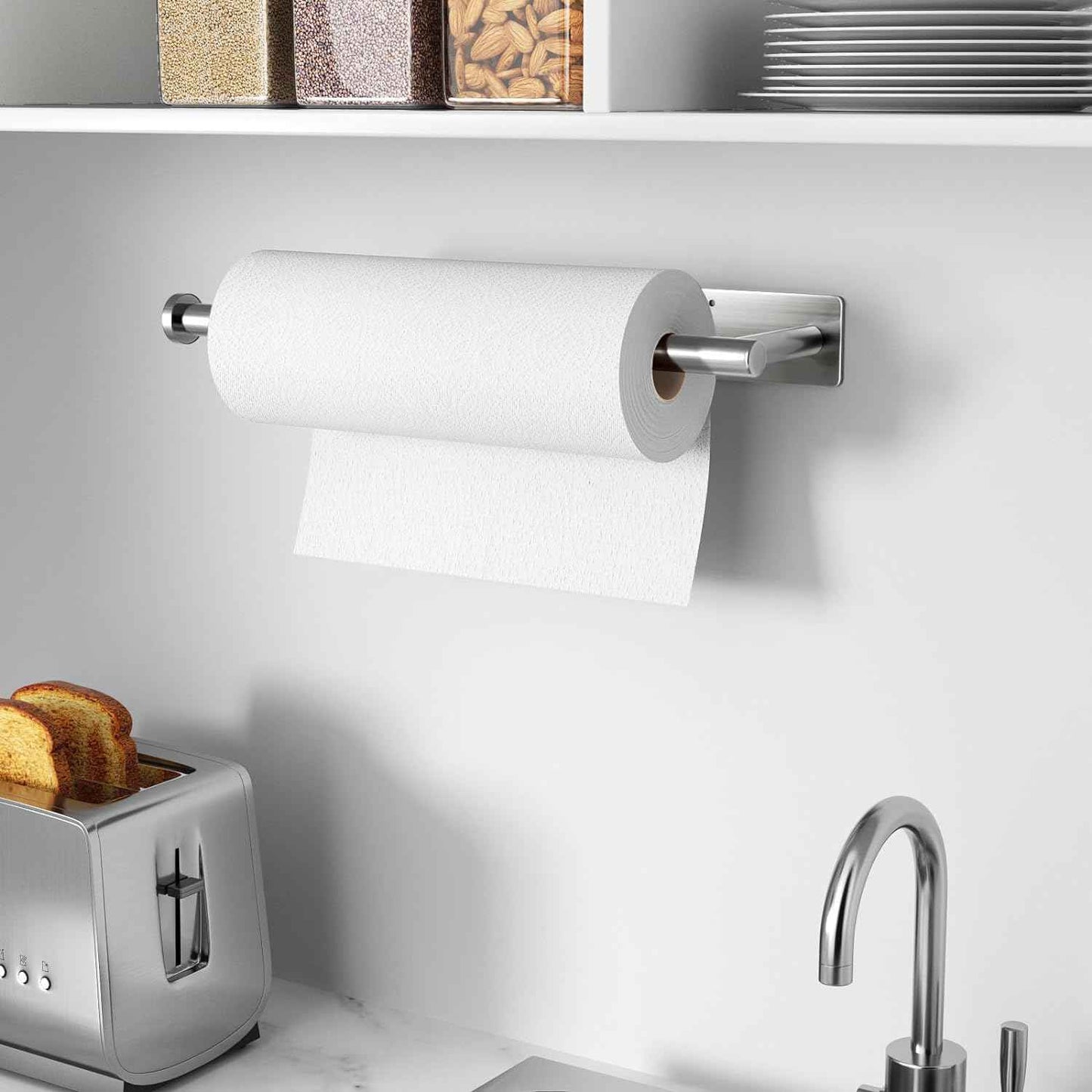 Paper Towel Holder - Self-Adhesive or Drilling, Brushed Nickel, Wall Mounted, SUS304 Stainless Steel Kitchen Roll Dispenser Under Cabinet