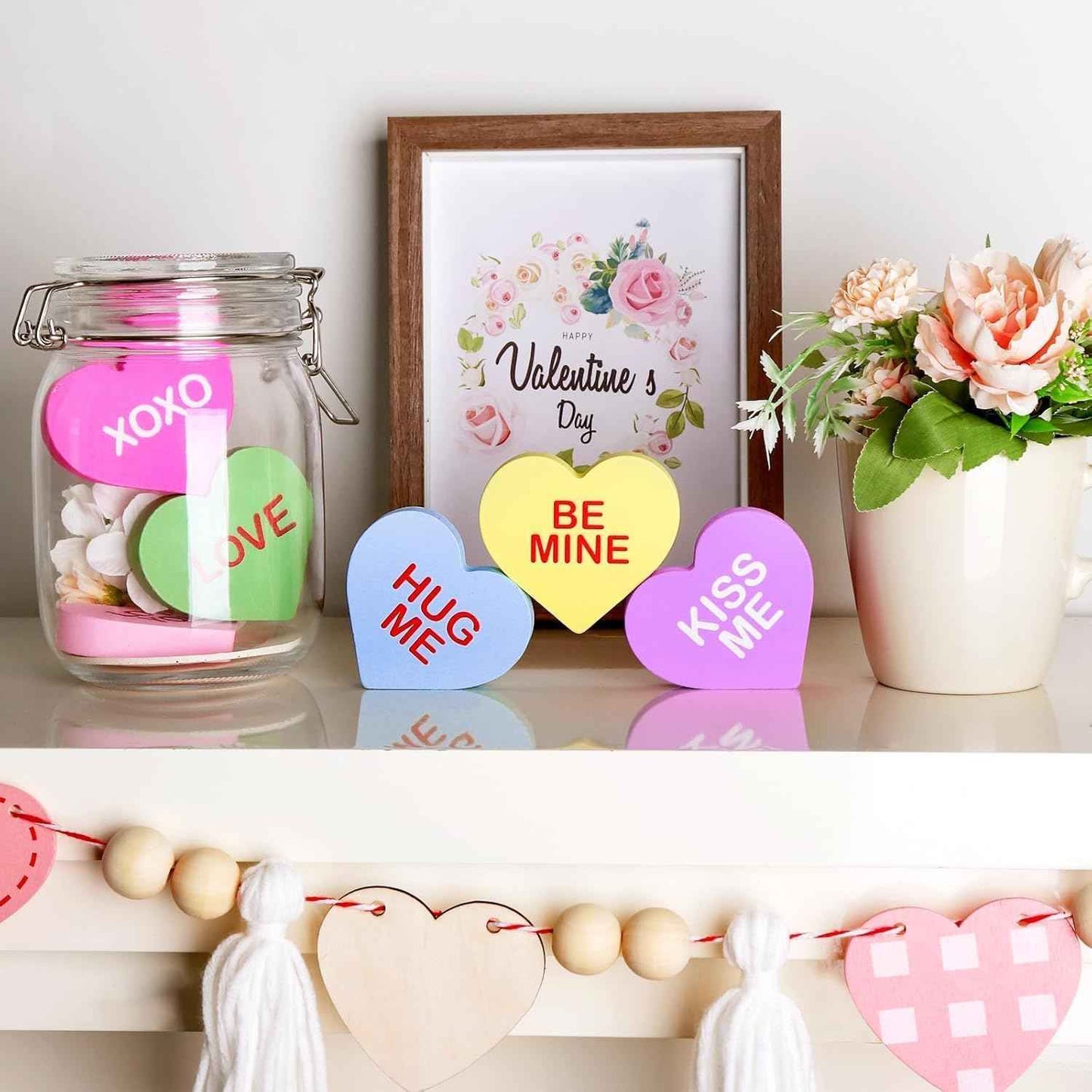 Valentines Day Decorations, 6 Pcs Candy Conversation Hearts Wooden Table Decor Signs, Durable Tiered Tray Decoration Set, Classic Galentines Day Decorations for the Home Office Mantel Shelf Gift