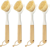Dish Brush with Built-in Scraper - 4 Pack Bamboo Dish Scrubber Brush with Handle, Kitchen Brushes for Dishes & Pots, Sink, Eco Cleaning Tool Set